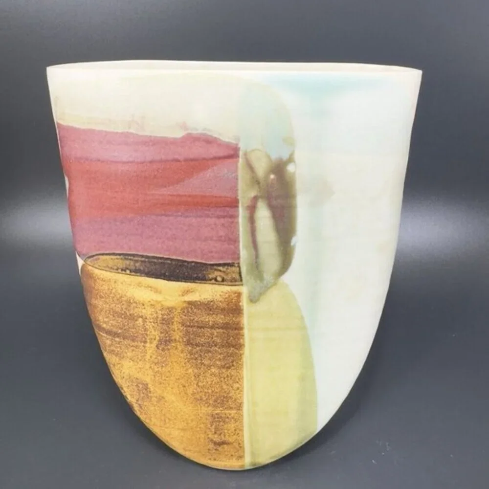 Vintage Hand Made Pottery Vase Vessel Flat Side Stoneware Art Marked Vase Vessel
